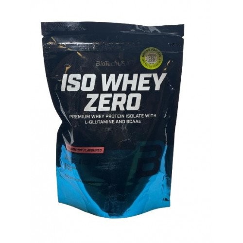 Black and blue packaging of BioTechUSA Iso Whey Zero, 1816g, featuring a prominent label with the product name and details about protein isolate and BCAAs.