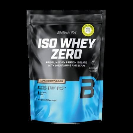 Black and blue packaging of BioTechUSA's Iso Whey Zero protein powder, featuring a Cookies & Cream flavor label, 454g size, and key nutritional information prominently displayed.