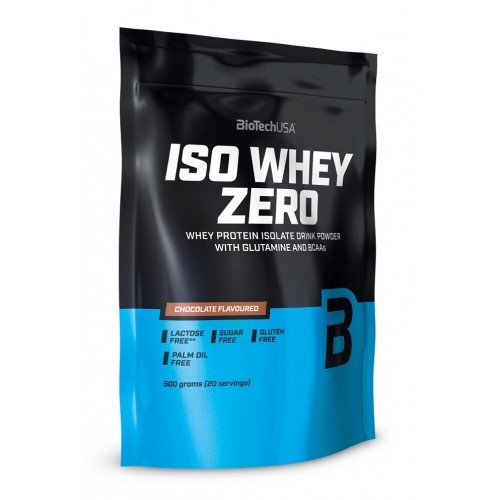Black and blue packaging of BioTechUSA Iso Whey Zero protein powder, featuring "Caffe Latte" flavor, highlighting key details like "lactose-free" and "gluten-free" labels.