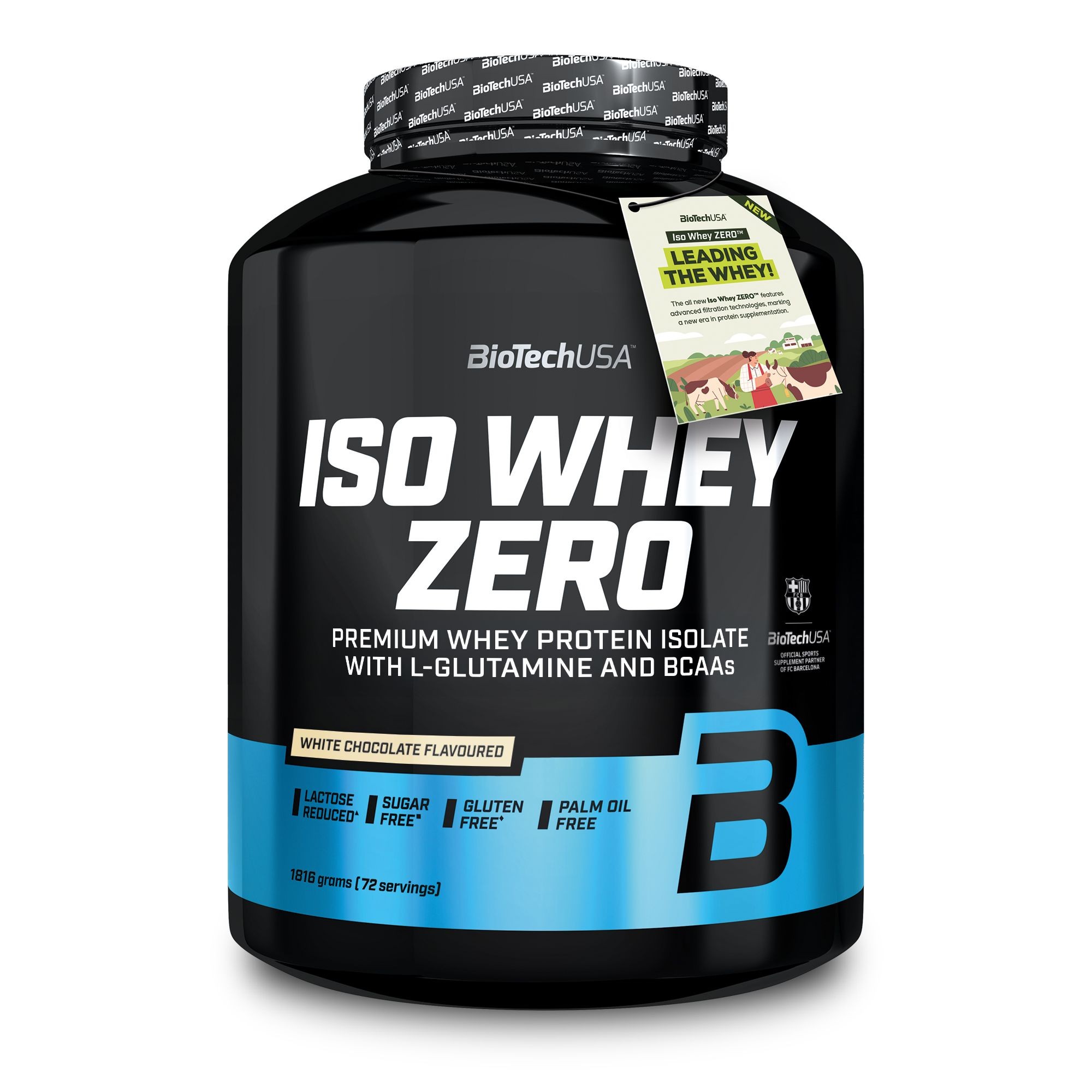 Black container with a sleek design, labeled "Iso Whey Zero" in white, featuring a white chocolate flavor, 1816g capacity, and highlights of being sugar-free and gluten-free.