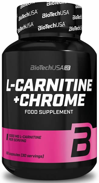 Black bottle with a pink label featuring "L-CARNITINE + CHROME" in bold white text, indicating 1000 mg L-Carnitine per serving, containing 60 capsules.