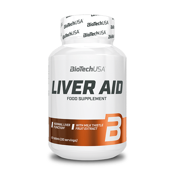 White bottle with a silver cap, labeled "LIVER AID" in bold black letters, featuring an orange accent, containing 60 tablets for liver support with milk thistle extract.