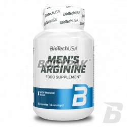 White bottle with a blue label, featuring "BioTechUSA Men's Arginine" text, contains 90 capsules, and highlights "food supplement" and "with arginine" on the front.