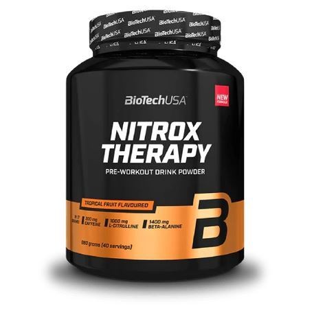 Black container with a vibrant orange label, featuring "Nitrox Therapy" in bold white text, tropical fruit flavor, 680g, and key ingredients listed, designed for pre-workout use.