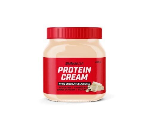 Creamy white protein spread in a transparent jar with a red lid, labeled "PROTEIN CREAM" in bold white letters, featuring "White Chocolate Flavoured" in smaller text below.
