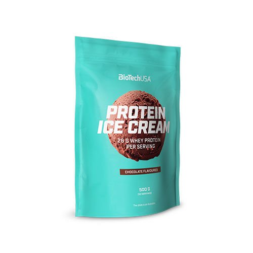 Light blue packaging with a brown chocolate ice cream graphic, prominently displays "PROTEIN ICE CREAM" and "28g whey protein per serving," weighing 500g.