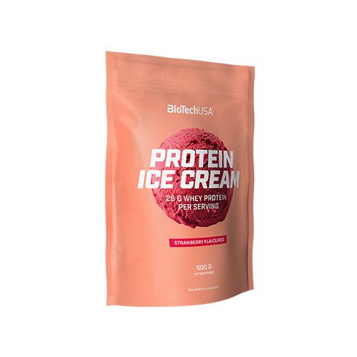 Pink packaging featuring a large, bold label that reads "Protein Ice Cream" with "Strawberry Flavoured" and "26g Whey Protein per Serving," weighing 500g.