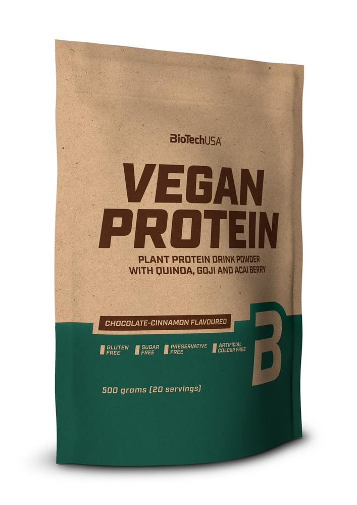 Brown kraft paper bag with a teal bottom, labeled "VEGAN PROTEIN" in bold pink letters, featuring chocolate-cinnamon flavor, and highlights of quinoa, goji, and acai berry.