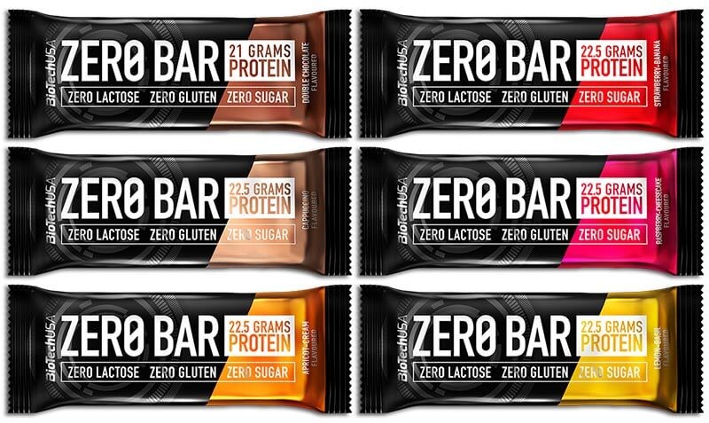 Six colorful protein bars in various flavors, featuring bold "ZERO BAR" branding, with labels indicating zero lactose, gluten, and sugar, and protein content ranging from 21 to 22.5 grams.