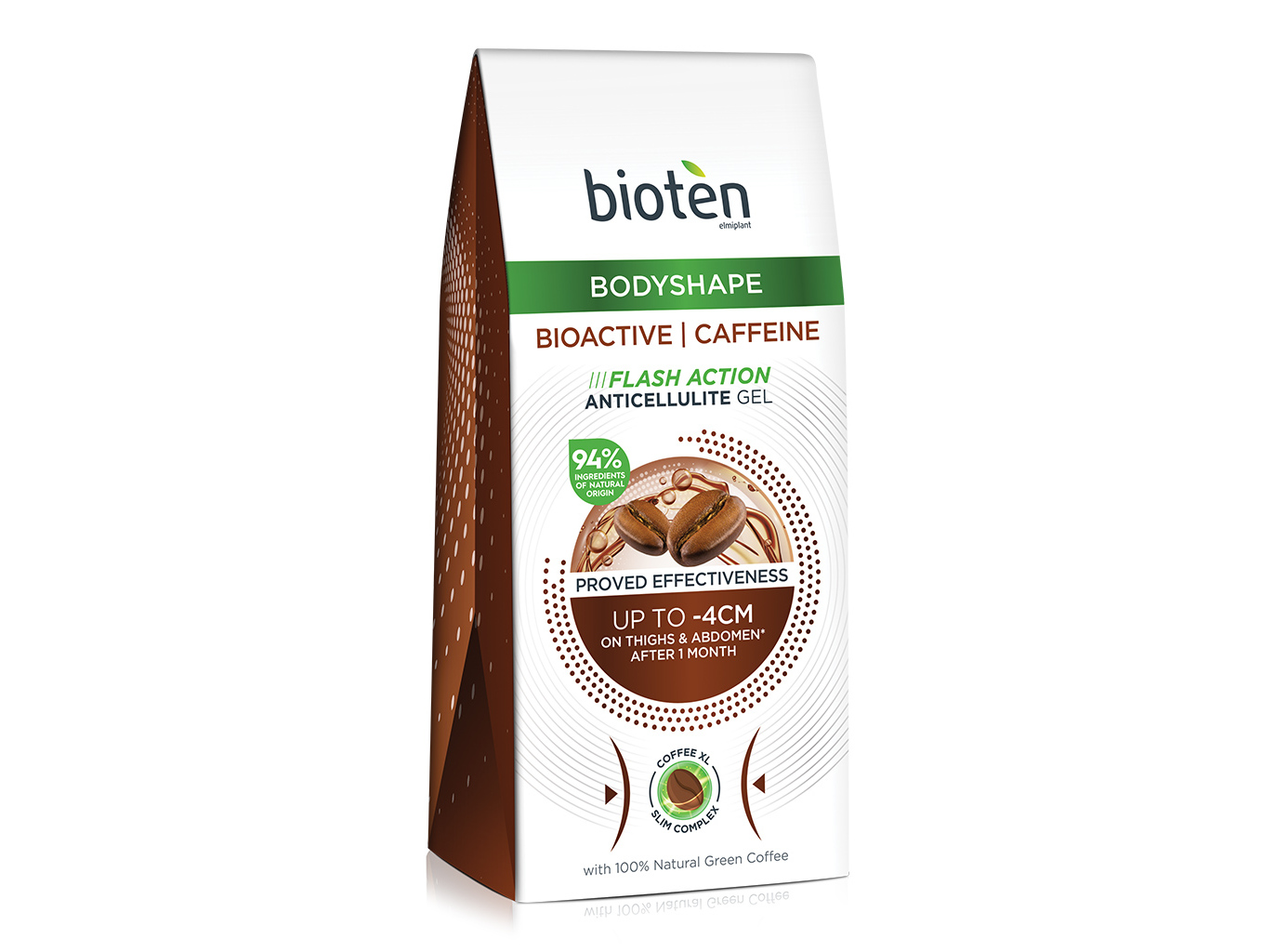 Bioten Anti Celulítico Bioactive Caffeine gel in a brown and white box, featuring green coffee beans, claims to reduce inches and improve skin texture.