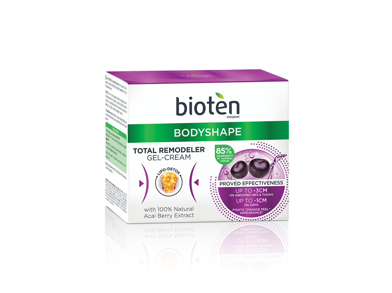 White box with green and purple accents, labeled "Bioten Bodyshape Total Remodeler Gel-Cream," featuring an acai berry graphic and claims of effectiveness up to -3 cm.