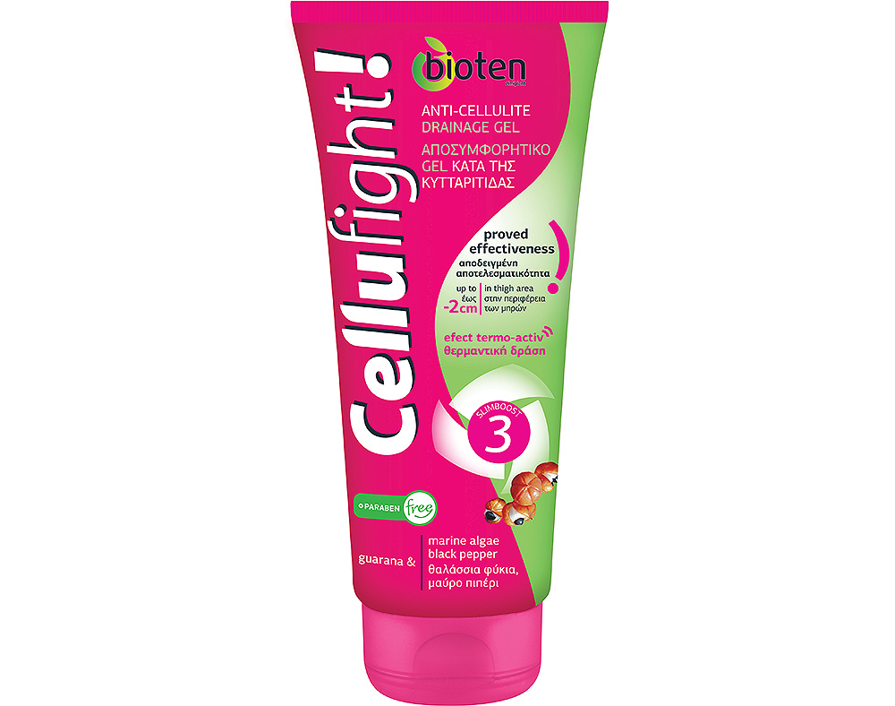 Bright pink tube of Bioten Cellufight anti-cellulite gel, featuring a green cap and bold text, with key ingredients like marine algae and black pepper highlighted on the label.