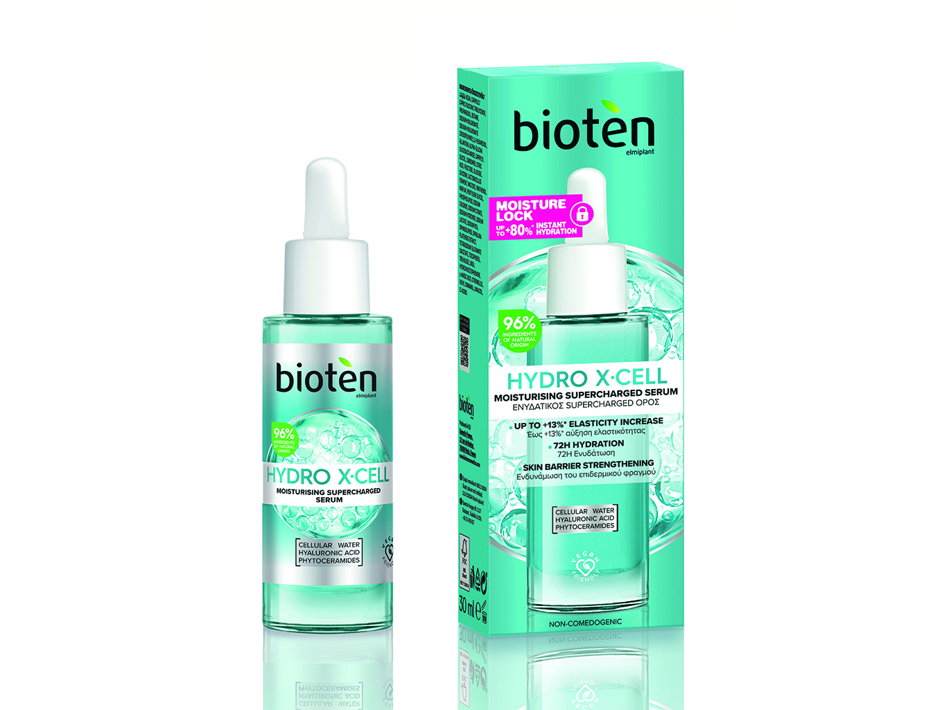 Clear glass bottle with a dropper, containing a light green serum, alongside a matching green box, both labeled "Bioten Hydro X-Cell" with moisture lock features.