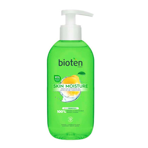 Green plastic bottle with a pump dispenser, labeled "Bioten Skin Moisture Face Cleansing Gel," featuring a lemon graphic and claims of 91% natural ingredients.