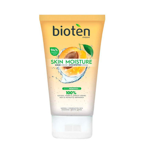 Peach-colored tube of Bioten Skin Moisture Scrub Cream with apricot kernel, featuring a flip-top cap and a label highlighting 94% natural ingredients and prebiotics.