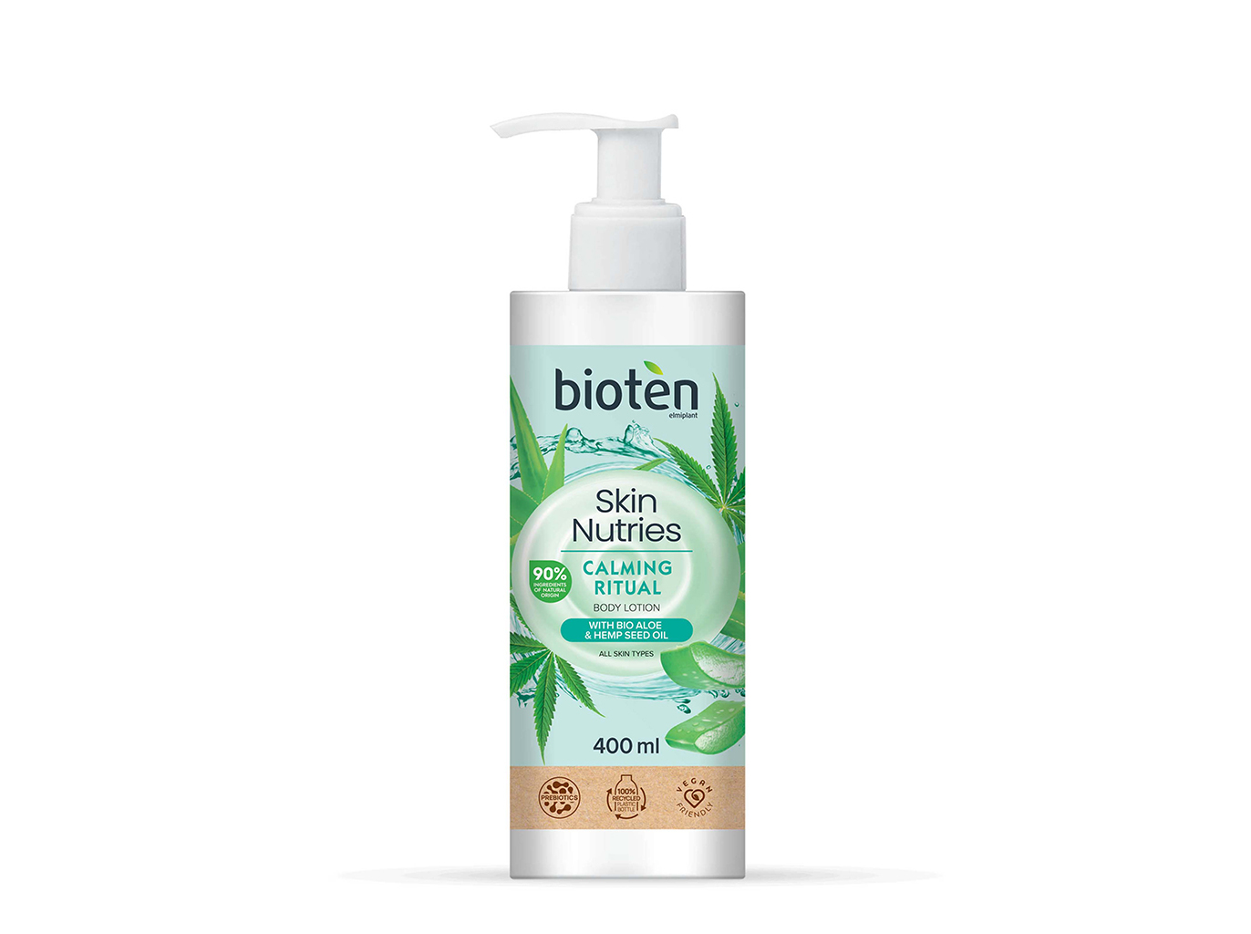 White bottle with a green label featuring "Skin Nutries" and "Calming Ritual," showcasing aloe and hemp graphics, topped with a pump dispenser, containing 400ml of lotion.