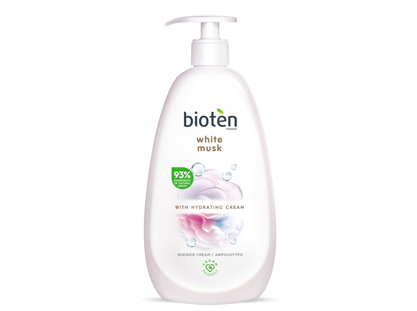 White Musk shower cream in a 700ml white plastic bottle with a pump dispenser, featuring a soft pink floral design and a green label indicating 93% natural ingredients.