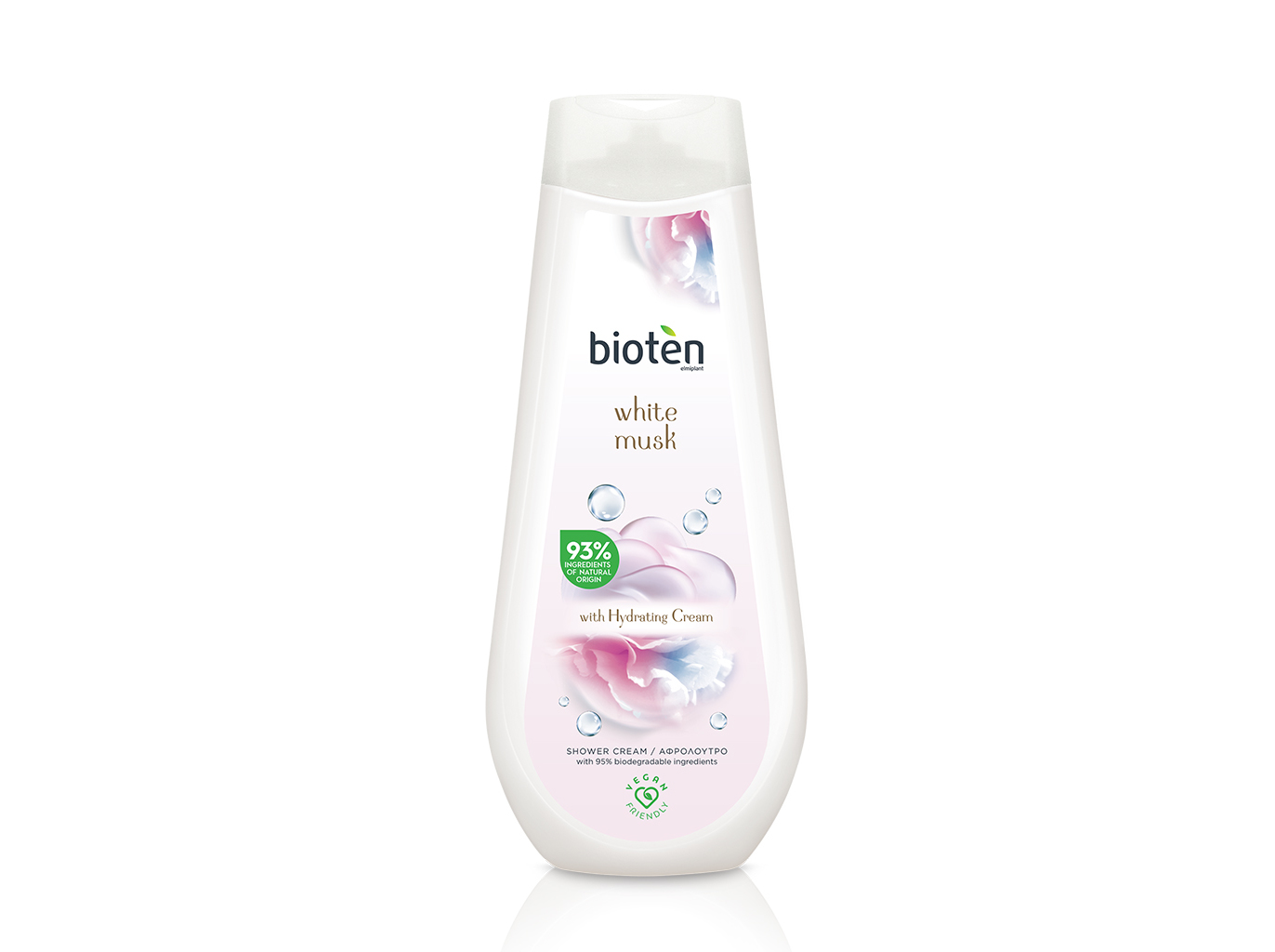 Bioten White Musk shower gel in a sleek, white 750ml bottle, featuring a soft pink design with bubbles and a green label indicating 93% natural ingredients.