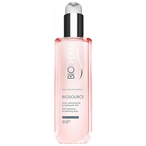 Clear, pink liquid toner in a transparent bottle with a silver pump, labeled "Biosource Hydrating & Softening Toner" by Biotherm, designed for hydration and anti-pollution.
