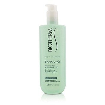 Light green plastic bottle with a pump dispenser, labeled "Biotherm Biosource Toning & Moisturizing Lotion 24H 400ML," featuring a sleek design and minimalistic text.