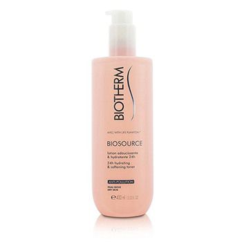 Light pink, plastic bottle of Biotherm Biosource 24h Moisturizing Softening Lotion, featuring a pump dispenser and labeled for dry skin, 400ml size.