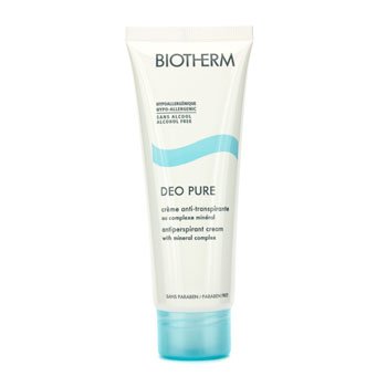 White tube with a light blue wave design, labeled "Biotherm Deo Pure Antiperspirant Cream," containing 75ml of alcohol-free, hypoallergenic cream.