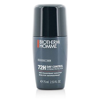 Gray roll-on bottle of Biotherm Homme Day Control Extreme Protection 72H Antiperspirant Deodorant, featuring a sleek design and bold red and white text on the front.