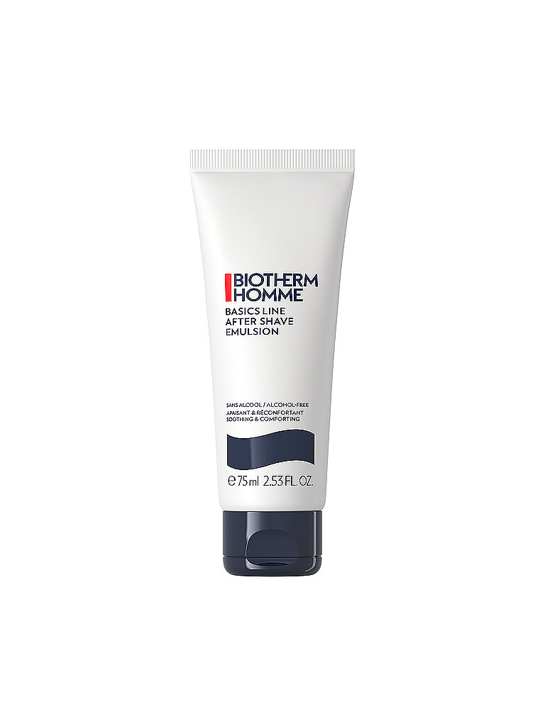 White tube with a blue and red label, featuring "Biotherm Homme Basics Line Aftershave Emulsion" text, 75ml size, designed for soothing and moisturizing after shaving.
