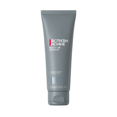Gray tube with a flip-top cap, labeled "BIOTHERM HOMME Basics Line Cleanser" in white and red text, containing 125ml/4.2oz of product for men.