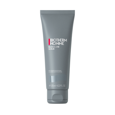 Gray tube of Biotherm Homme Basics Line Scrub, 125ml, featuring a red and white logo, with a sleek design and a flip-top cap for easy dispensing.