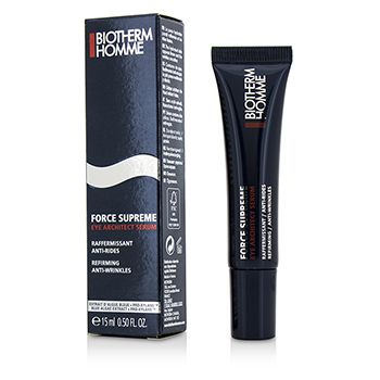 Black tube of Biotherm's "Force Supreme Eye Architect Serum" with a sleek design, accompanied by a matching blue and black box, highlighting anti-aging benefits.