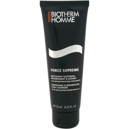 Black squeeze tube with a sleek design, featuring white text that reads "Biotherm Homme Force Supreme Cleanser," 125ml, highlighting its smoothing and resurfacing properties.
