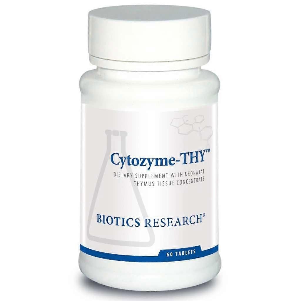 White bottle labeled "Cytozyme-THY" by BIOTICS RESEARCH, containing 60 tablets, featuring a blue and white design with a scientific flask graphic in the background.