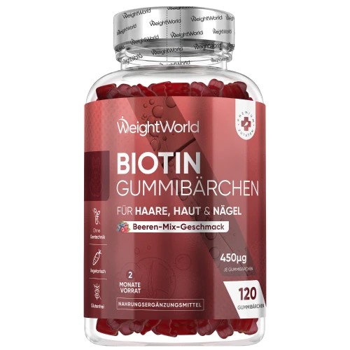 Transparent bottle containing red biotin gummies, labeled "Biotin Gummibärchen" in German, with a berry mix flavor, featuring a white and red design and a cap on top.