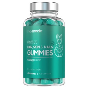 Transparent bottle containing teal gummies labeled "Maxmedix Biotin Gummies" with a bunny graphic, emphasizing hair, skin, and nails support, featuring a non-GMO and gluten-free label.