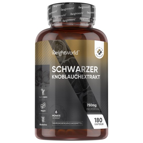 WeightWorld Black Garlic Capsules in a brown plastic bottle, featuring a white label with black text, containing 180 odourless capsules, each with 750mg of black garlic extract for six months' supply.