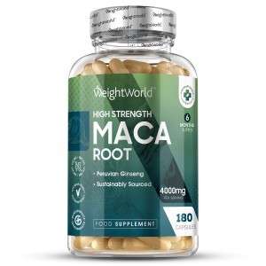 Clear plastic bottle containing beige capsules, labeled "WeightWorld High Strength Maca Root 5550mg" with black and yellow accents, featuring a green background and sustainability symbols.