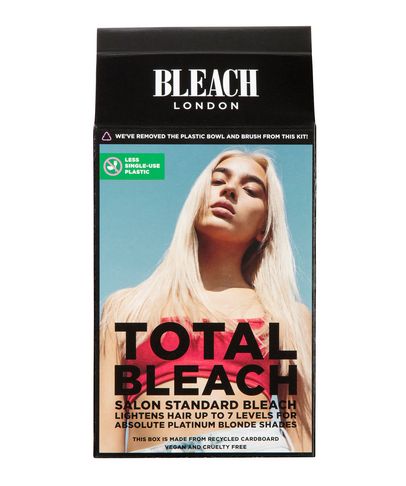 Total Bleach Kit by BLEACH LONDON, featuring a sleek black and white box with a model showcasing platinum blonde hair, highlighting its vegan and cruelty-free credentials.