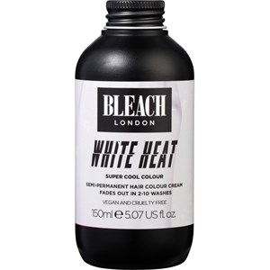 Black bottle with a matte finish, featuring a white label that reads "BLEACH LONDON White Heat Super Colour," 150ml size, vegan and cruelty-free, designed for semi-permanent hair color.
