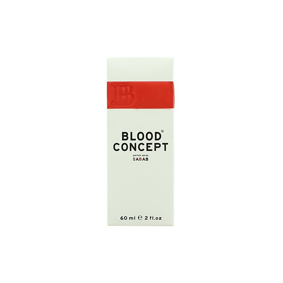 White rectangular box featuring a bold red band and embossed "B" logo, labeled "BLOOD CONCEPT" with product details and volume in black text.