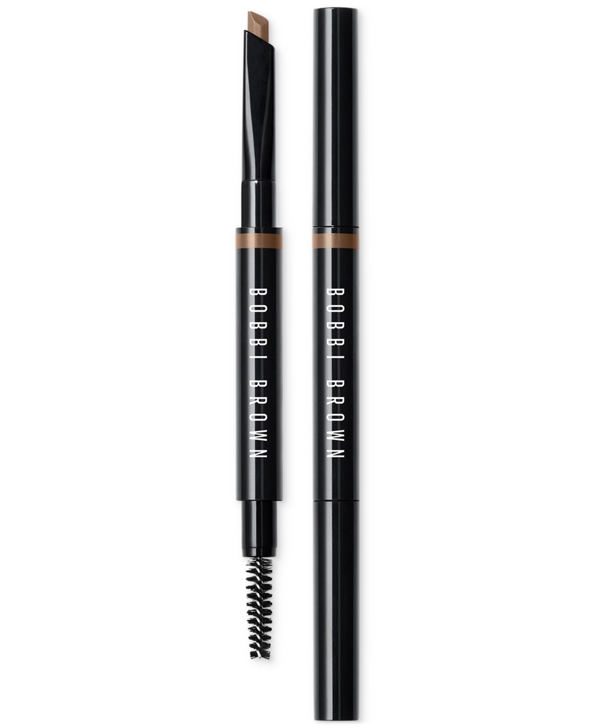 Bobbi Brown Long-Wear eyebrow pencil in Neutral Brown, featuring a retractable tip and a built-in spoolie brush, all in a sleek black casing.