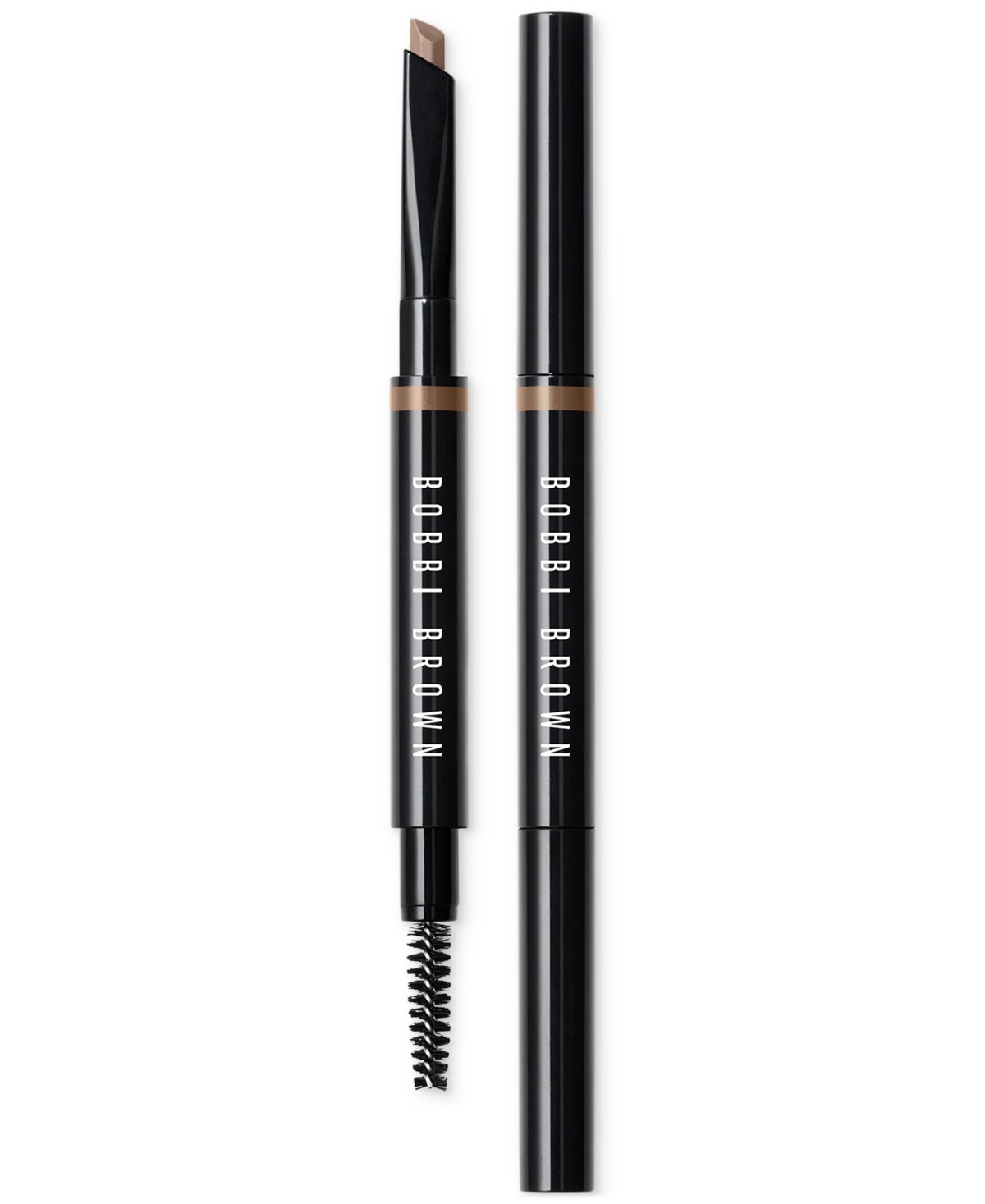 Bobbi Brown Long Wear Brow Pencil in Warm Blonde, featuring a dual-ended design with a pencil tip and a spoolie brush, housed in a sleek black casing.
