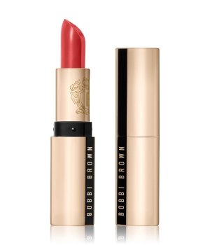 Bobbi Brown Luxe Lipstick in Pink Guava (507) features a sleek gold tube with a black band, showcasing a vibrant coral-pink bullet.