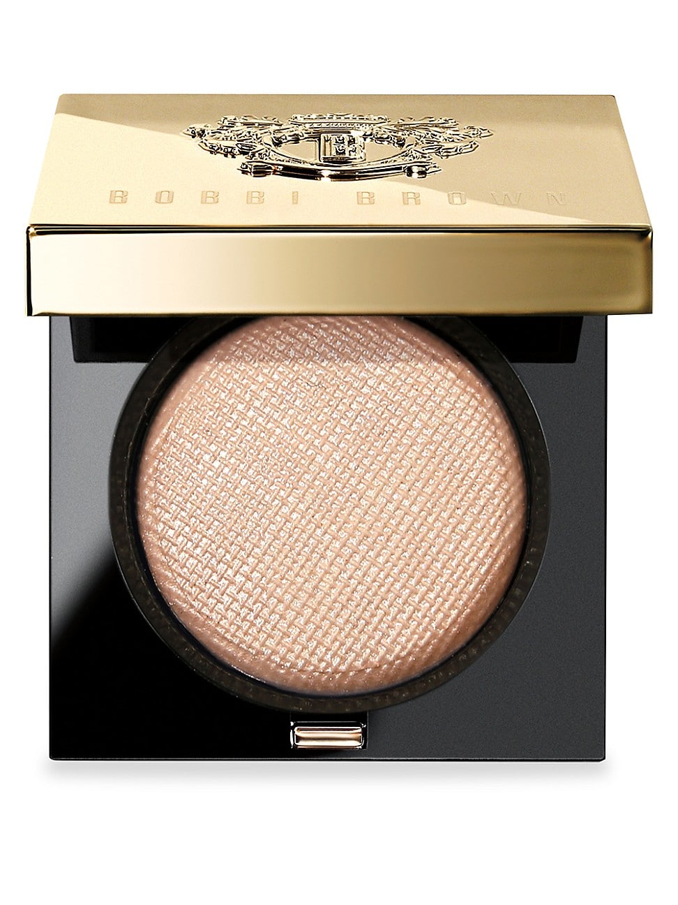Bobbi Brown Luxe Eye Shadow in Clear features a smooth, shimmery beige shade housed in a sleek black compact with a gold, embossed lid.