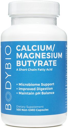 White bottle with a blue label, featuring "BODYBIO" and "CALCIUM/MAGNESIUM BUTYRATE" in bold text, containing 250 non-GMO capsules for microbiome support and improved digestion.