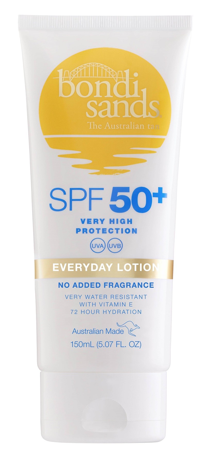 White tube of Bondi Sands SPF 50+ body sunscreen, featuring a yellow sun logo, blue text, and a gold stripe, labeled as fragrance-free and 150ml in size.