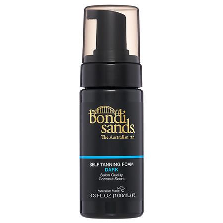 Black bottle with a pump top, labeled "Bondi Sands Self Tanning Foam," featuring gold text and a coconut scent, 3.3 oz size, designed for an even, streak-free tan.