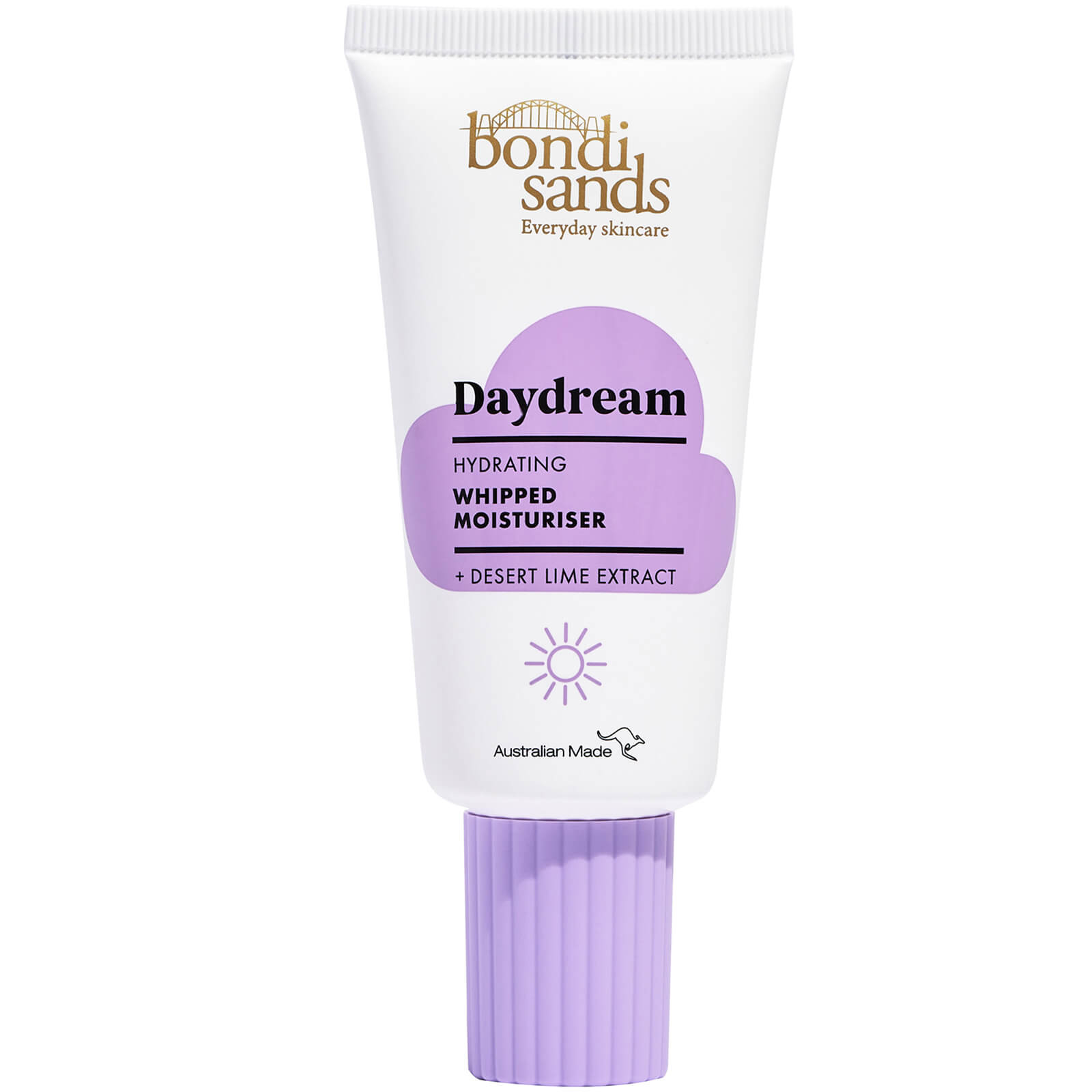 Bondi Sands Daydream Whipped Moisturiser in a 50mL tube features a white body with a lavender cap, labeled with "Daydream" and "Whipped Moisturiser" in bold black text.