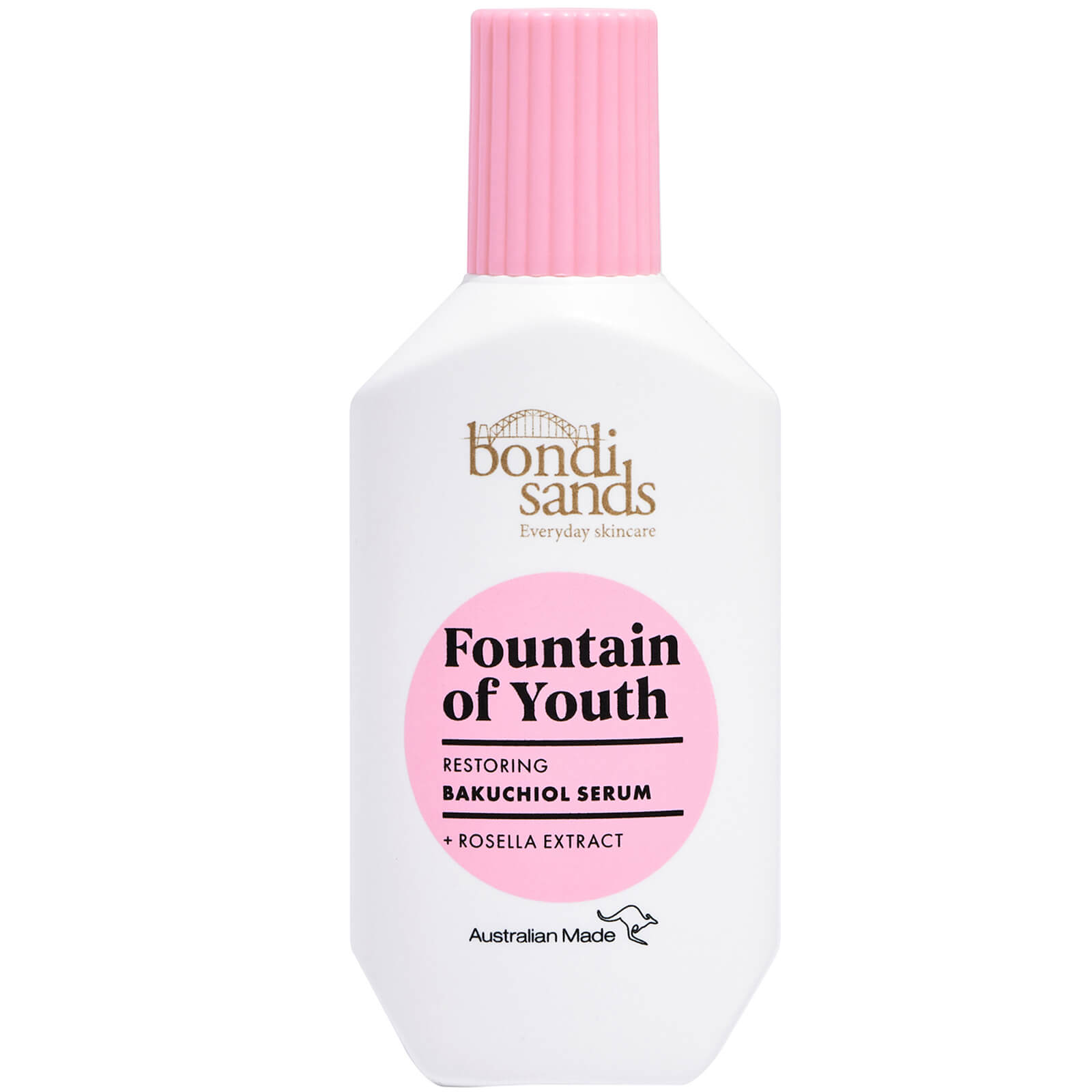 White bottle with a pink cap, featuring the text "Fountain of Youth" and "Restoring Bakuchiol Serum," adorned with the Bondi Sands logo and a note of "Australian Made."