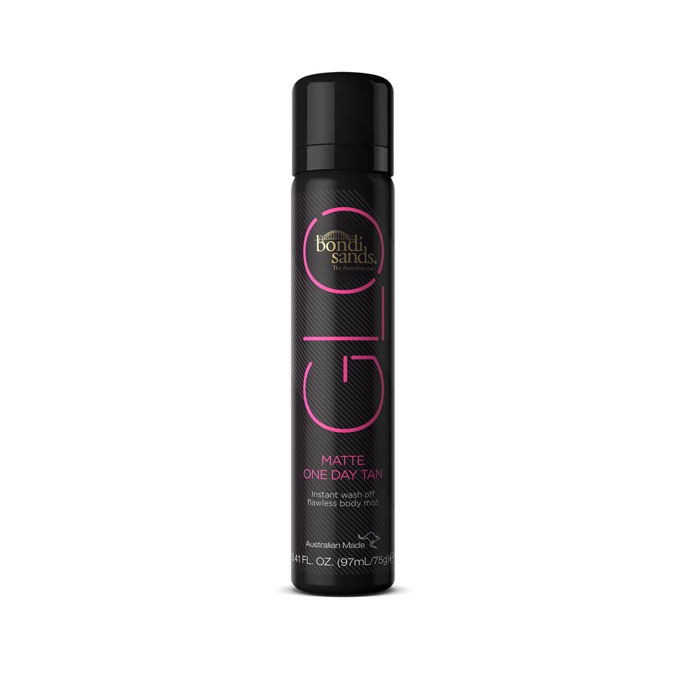 Black spray canister with a glossy finish, featuring pink and white text that reads "Glo Matte One Day Tan" by Bondi Sands, 100ml size, designed for a temporary tan effect.